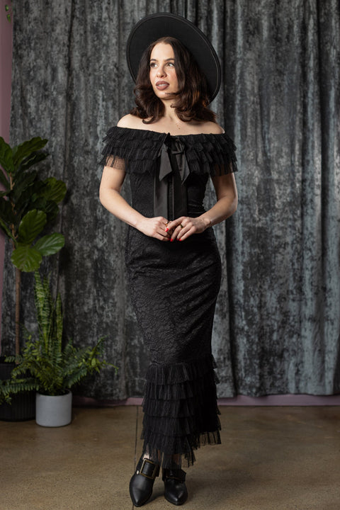 WILHELMINA - Off the Shoulder Lace Ruffle Dress