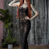 Sheer Hourglass Maxi Dress - Velvet Flocked Gothic Damask