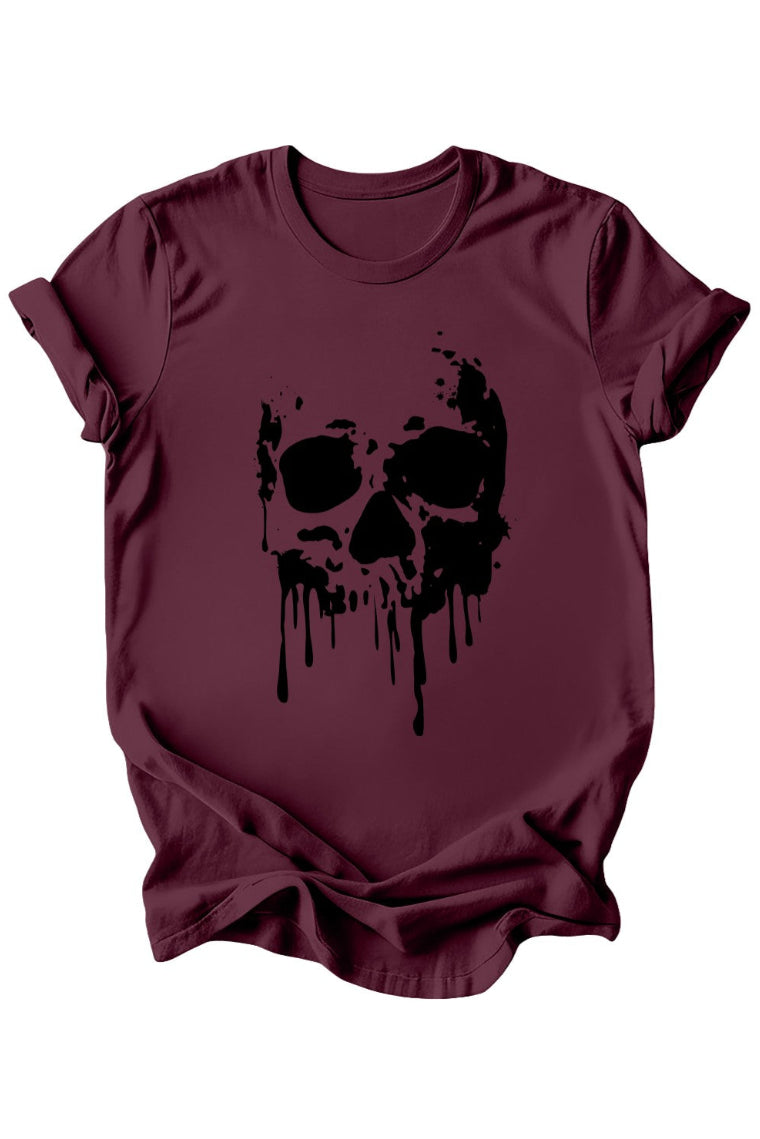 A maroon short-sleeve crewneck t-shirt featuring a black dripping skull graphic on the front, displayed against a solid white background.