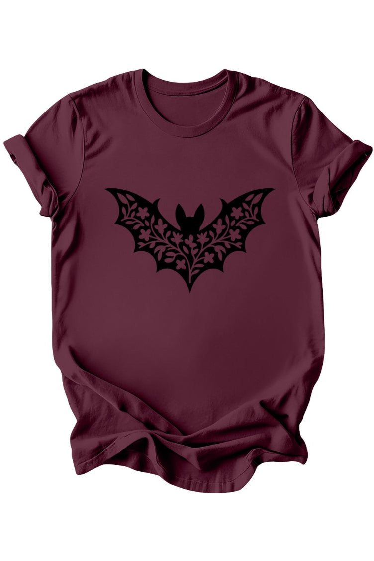 A maroon short-sleeve crewneck t-shirt with a black bat graphic printed on the chest, displayed against a solid white background.