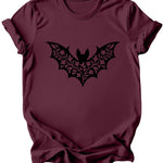 A maroon short-sleeve crewneck t-shirt with a black bat graphic printed on the chest, displayed against a solid white background.