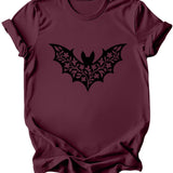 A maroon short-sleeve crewneck t-shirt with a black bat graphic printed on the chest, displayed against a solid white background.