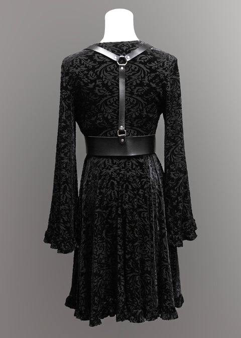 Nyx - Bell Sleeved Velvet Damask Dress with Harness