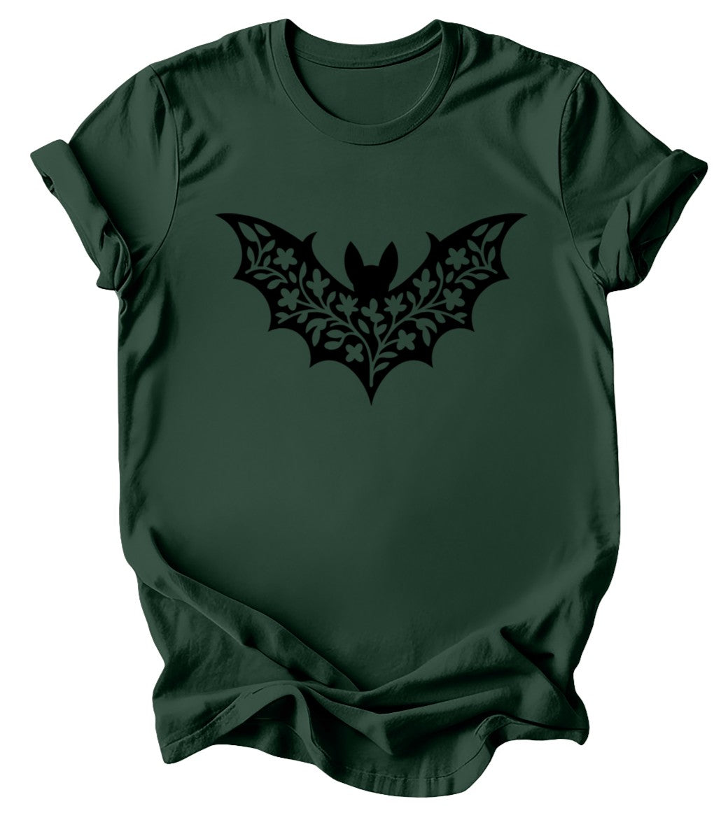 Floral Bat Silhouette T-Shirt: Burgundy or Emerald