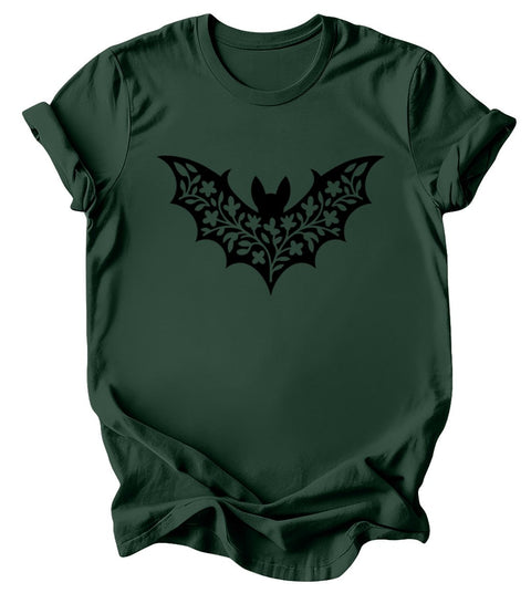 Floral Bat Silhouette T-Shirt: Burgundy or Emerald