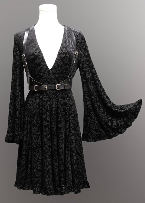 Nyx - Bell Sleeved Velvet Damask Dress with Harness