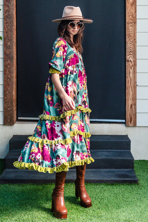 Ophelia Velvet Ruffle Maxi Dress in Fuchsia Fae