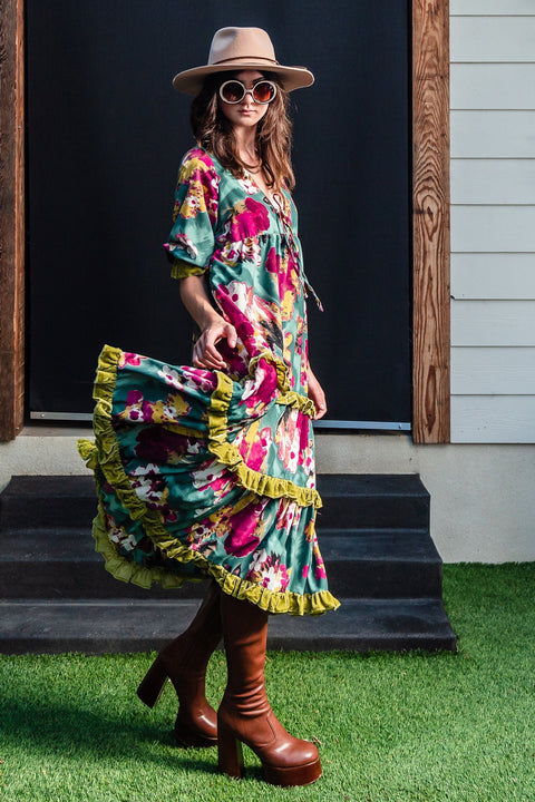 Ophelia Velvet Ruffle Maxi Dress in Fuchsia Fae