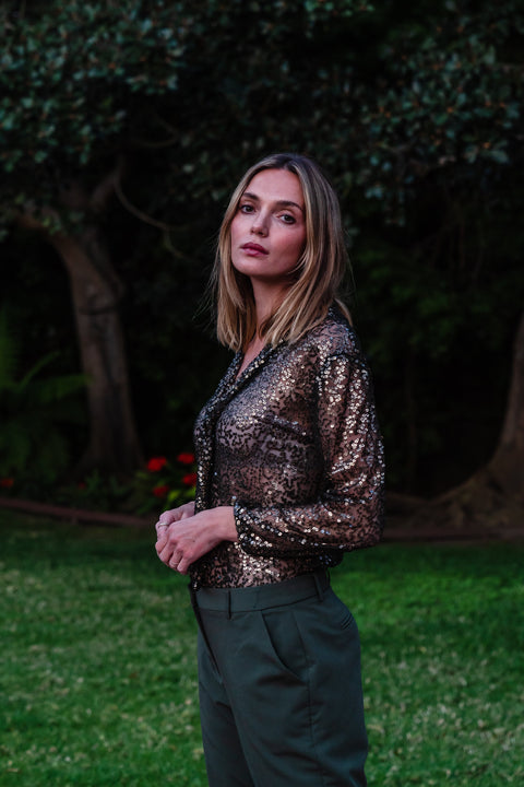 Anjelica Tie Front Blouse in Olive Haze Sequin
