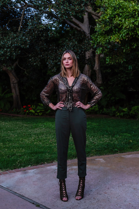 Anjelica Tie Front Blouse in Olive Haze Sequin