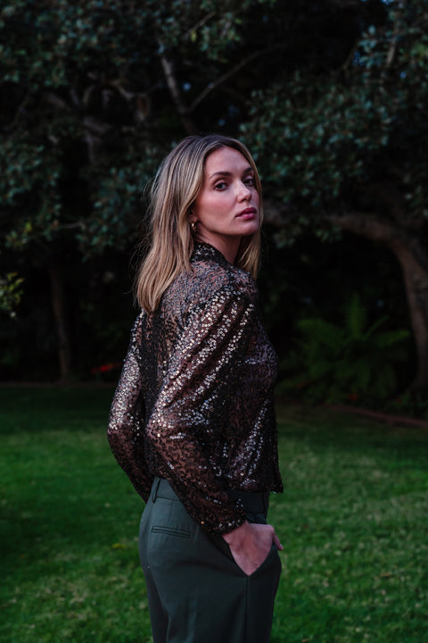 Anjelica Tie Front Blouse in Olive Haze Sequin