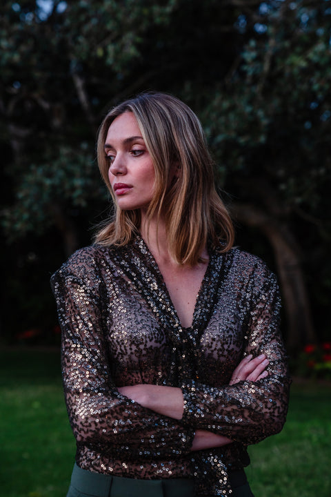 Anjelica Tie Front Blouse in Olive Haze Sequin
