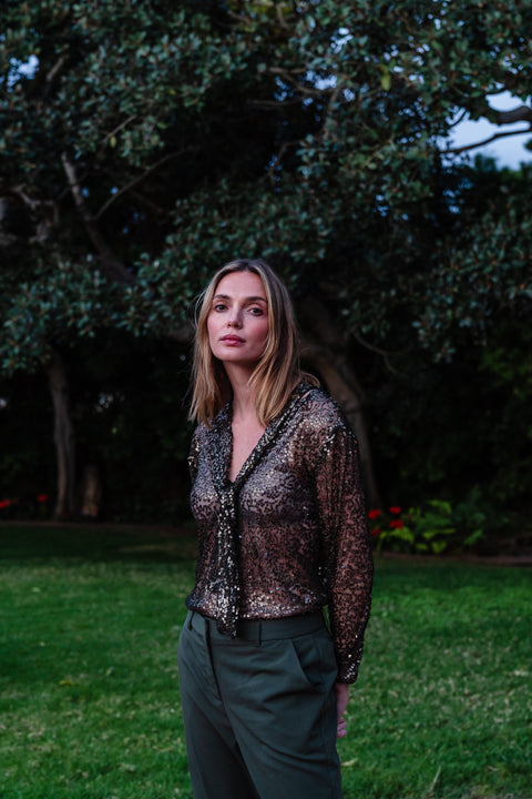 Anjelica Tie Front Blouse in Olive Haze Sequin