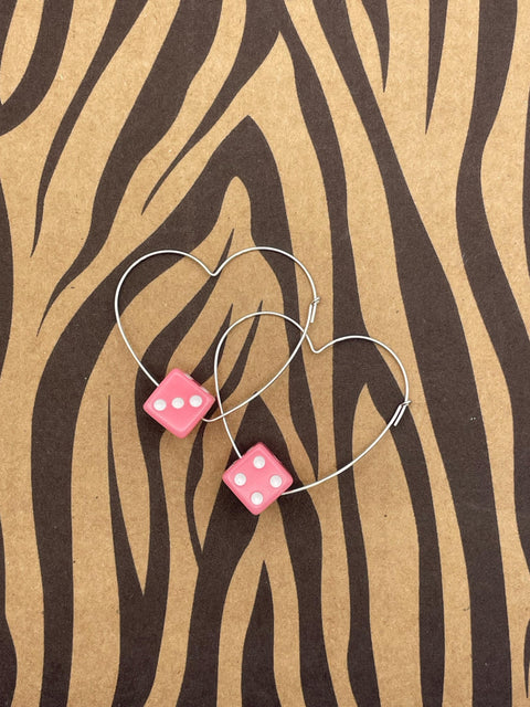 Zannie - Pink Dice Heart Hoop Earrings