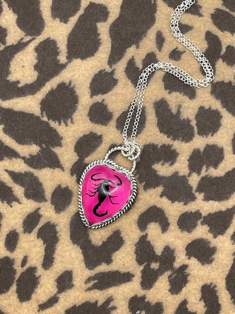 Winona - Real Black Scorpion in Hot Pink Resin Heart Pendant