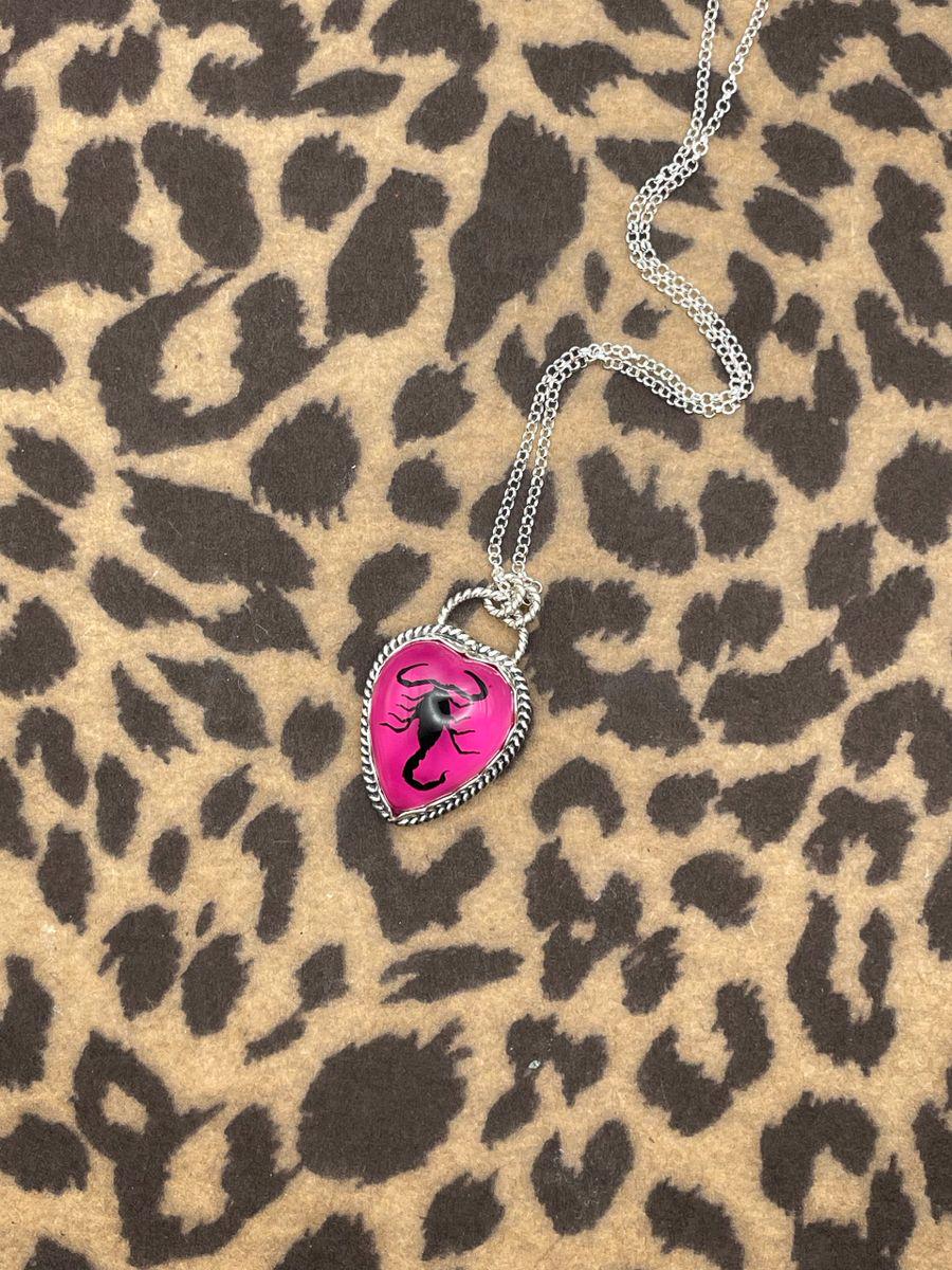 Winona - Real Black Scorpion in Hot Pink Resin Heart Pendant Necklace