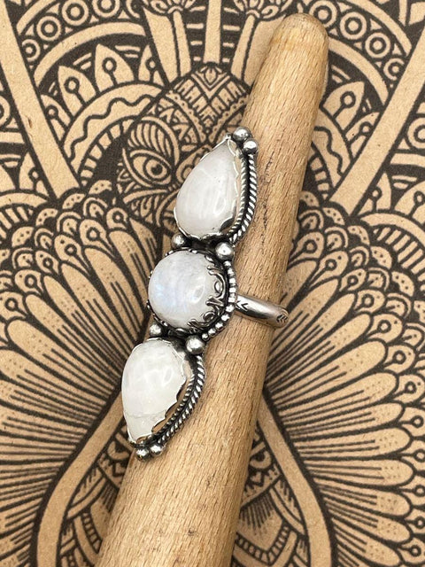 Gloria - Rainbow Moonstone Triple Gemstone Ring