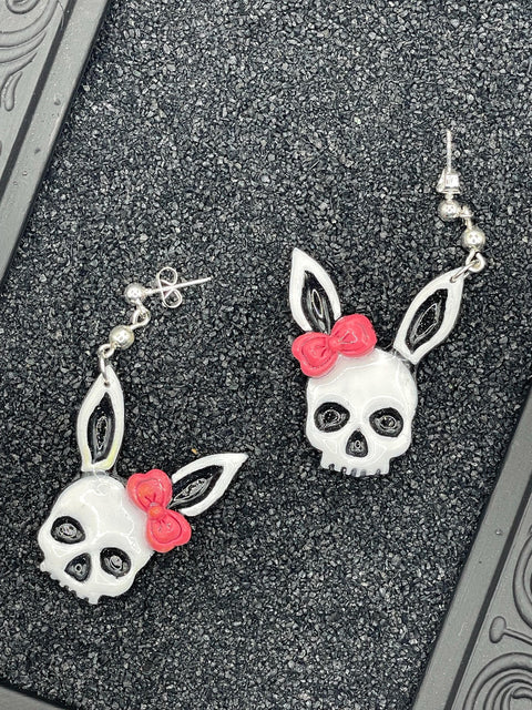 Tattoo - Skull Bunny Earrings: Handmade, Hand-Painted Polymer Clay