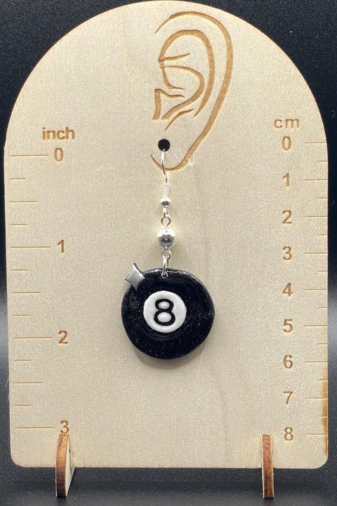 Tattoo - Billiard 8 Ball Dangle Earrings: Handmade Polymer Clay