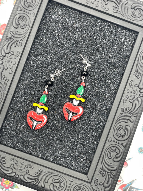 Tattoo - Heart with Dagger Earrings: Handmade Polymer Clay