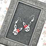 Tattoo - Marbled Skull Bunny Earrings with Bow and Mini Dice: Handmade Polymer Clay