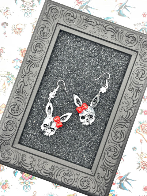 Tattoo - Marbled Skull Bunny Earrings with Bow and Mini Dice: Handmade Polymer Clay