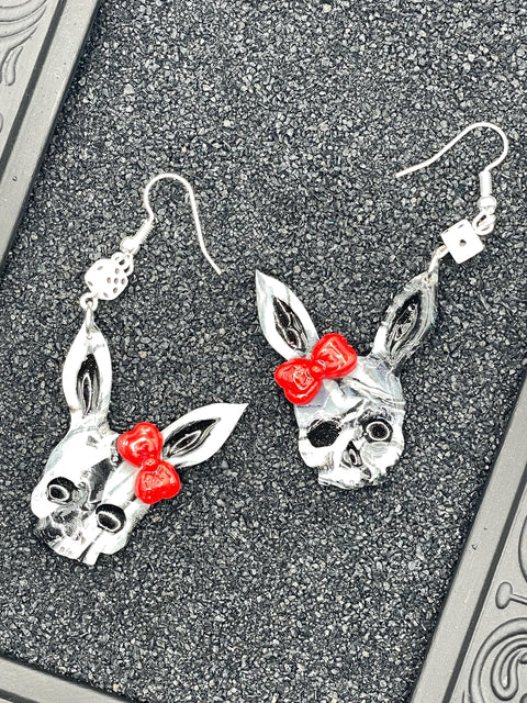 Tattoo - Marbled Skull Bunny Earrings with Bow and Mini Dice: Handmade Polymer Clay