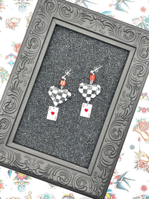 Vegas - Checkered Ace of Hearts Earrings with Mini Dice: Handmade Polymer Clay