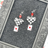 Vegas - Checkered Ace of Hearts Earrings with Mini Dice: Handmade Polymer Clay