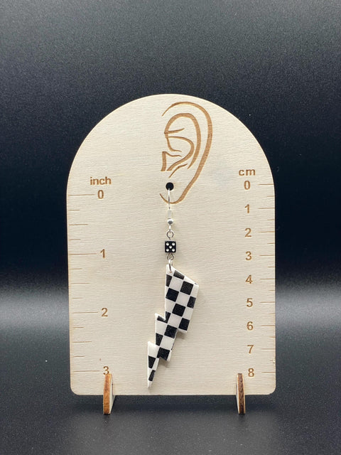 Vegas - Checkered Lightning Bolt Earrings with Mini Dice: Handmade Polymer Clay