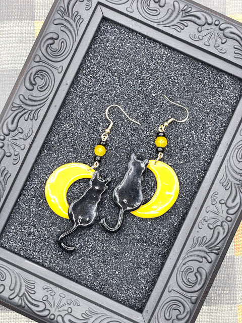 Salem - Black Cat Sitting on the Moon Earrings: Handmade Polymer Clay