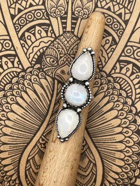 Gloria - Rainbow Moonstone Triple Gemstone Ring