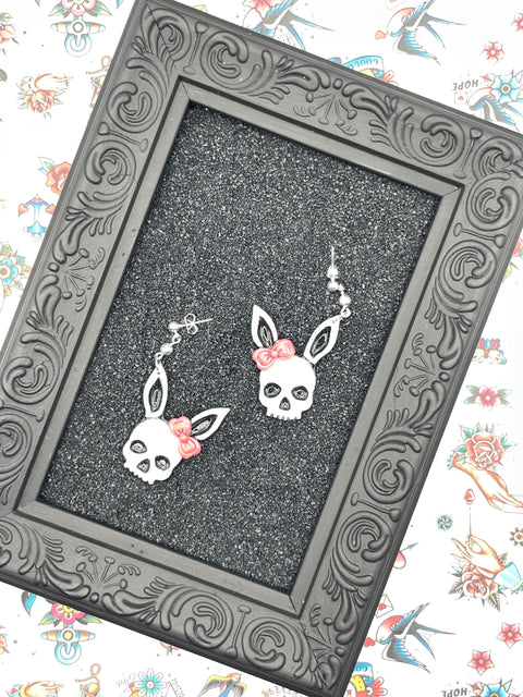 Tattoo - Skull Bunny Earrings: Handmade, Hand-Painted Polymer Clay