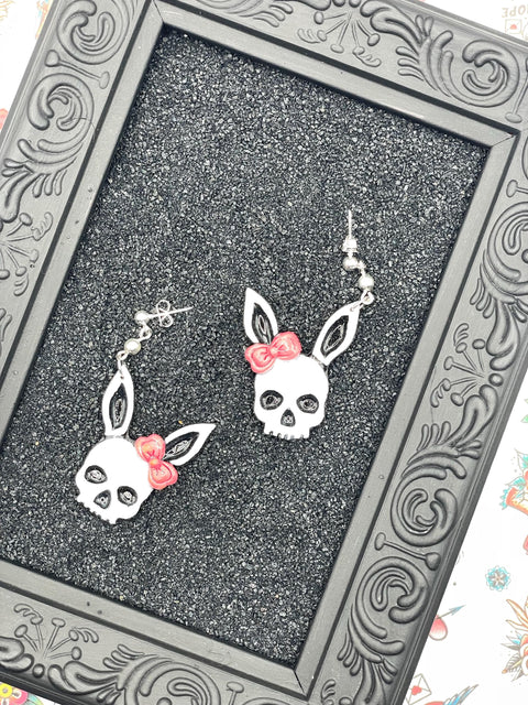 Tattoo - Skull Bunny Earrings: Handmade, Hand-Painted Polymer Clay