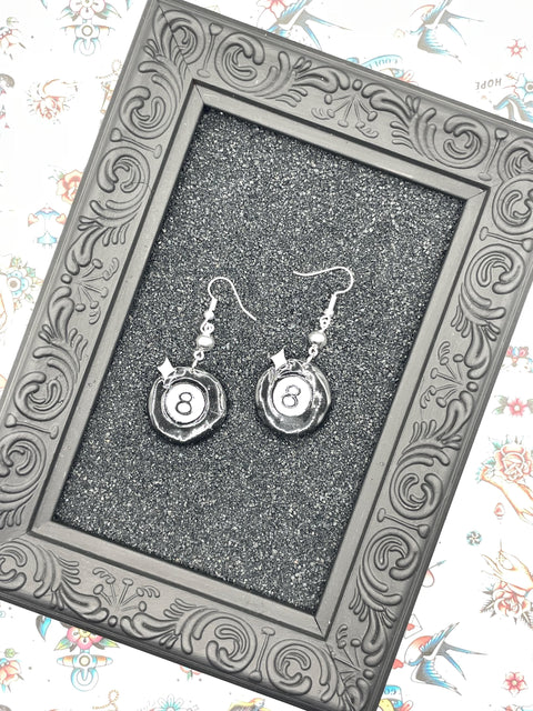Tattoo - Billiard 8 Ball Dangle Earrings: Handmade Polymer Clay