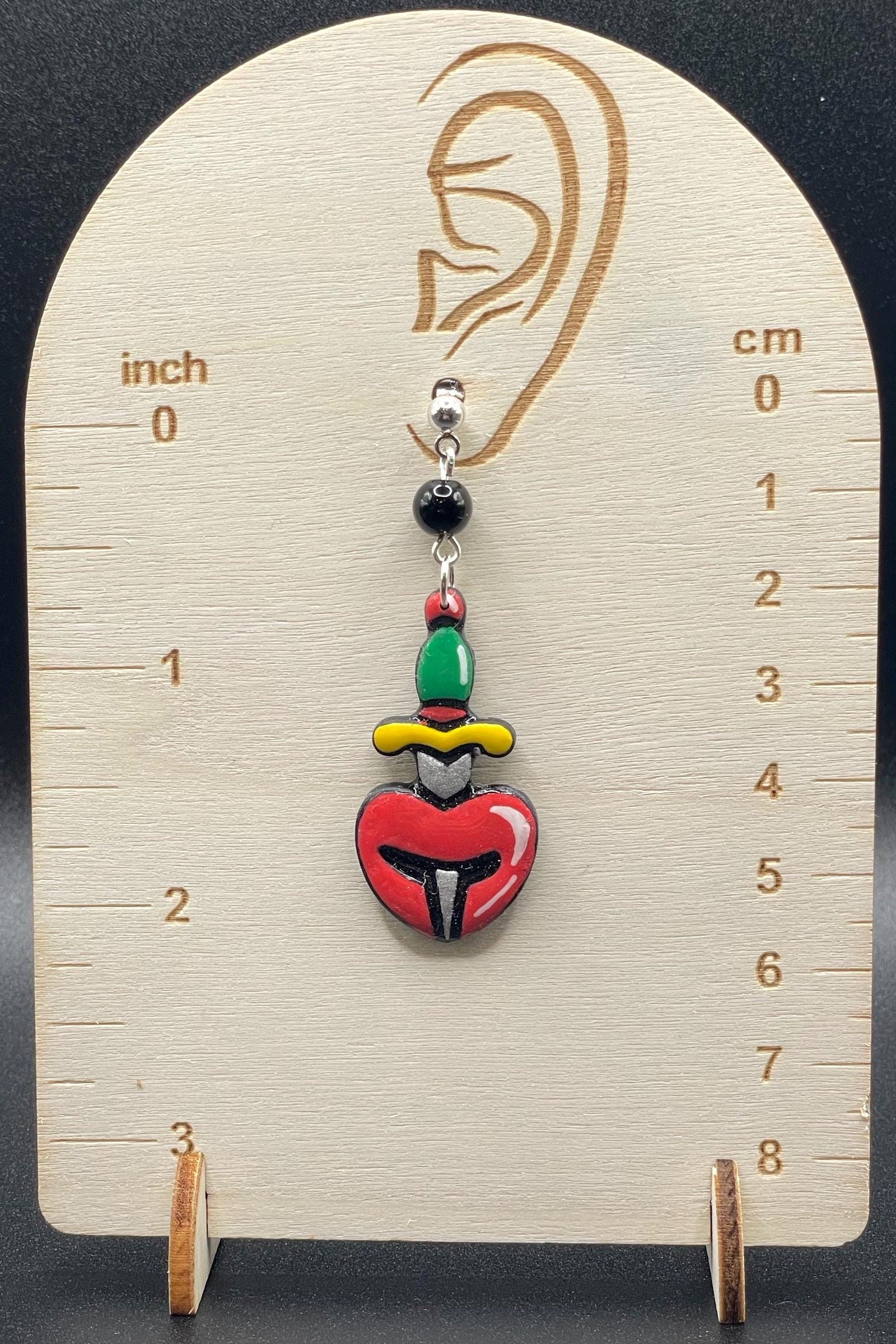Tattoo - Heart with Dagger Earrings: Handmade Polymer Clay
