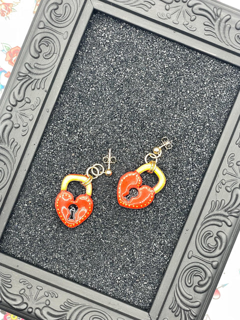 Tattoo - Heart Padlock Earrings: Handmade Polymer Clay