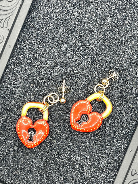 Tattoo - Heart Padlock Earrings: Handmade Polymer Clay