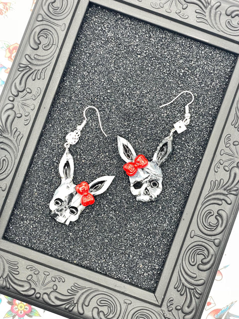 Tattoo - Marbled Skull Bunny Earrings with Bow and Mini Dice: Handmade Polymer Clay