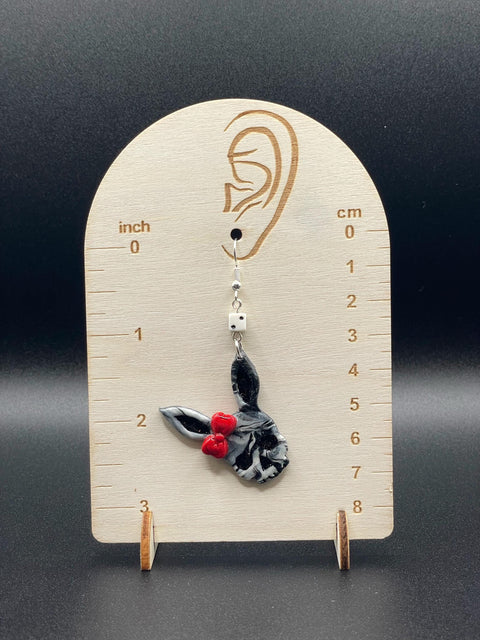 Tattoo - Marbled Skull Bunny Earrings with Bow and Mini Dice: Handmade Polymer Clay