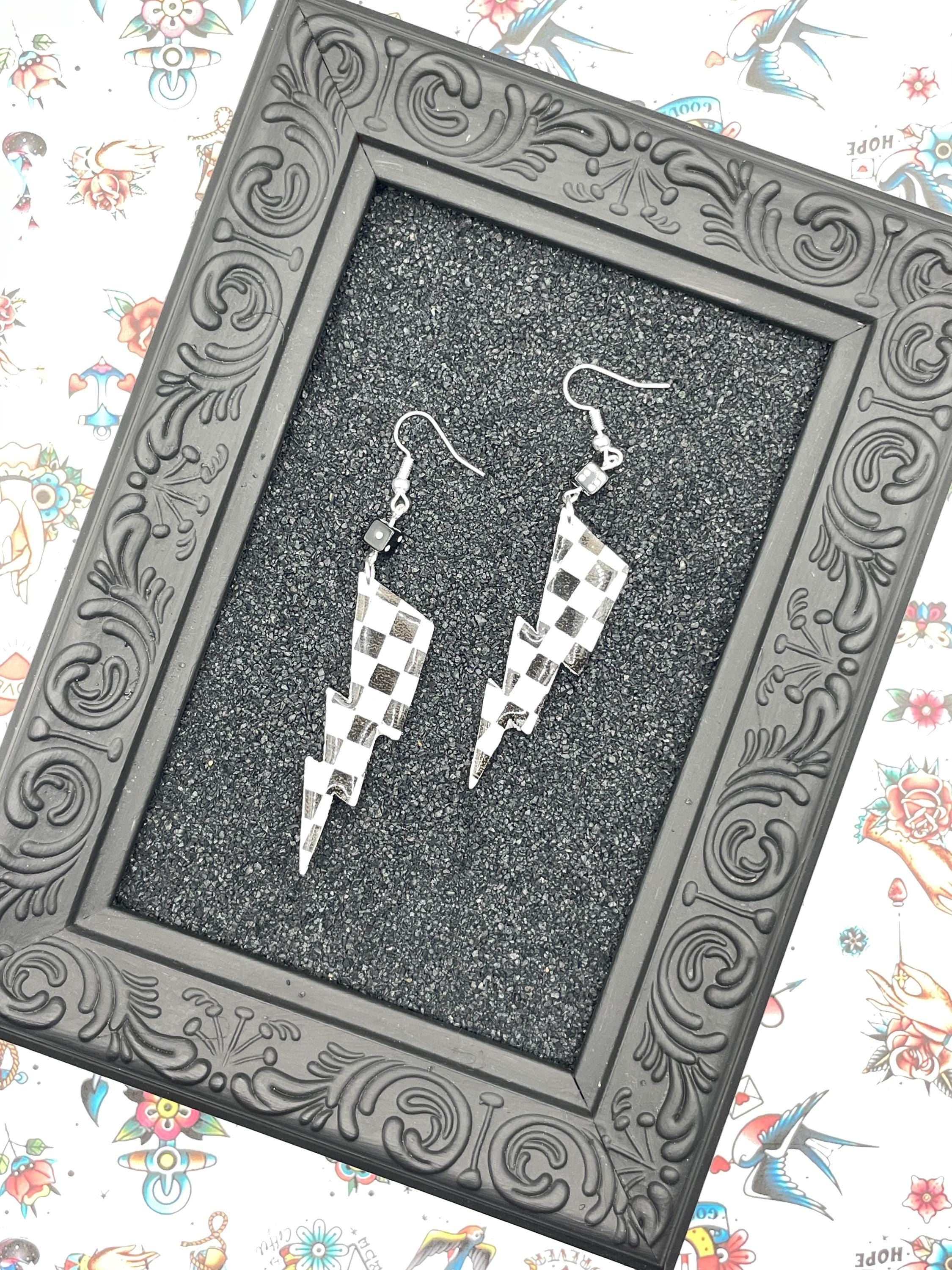 Vegas - Checkered Lightning Bolt Earrings with Mini Dice: Handmade Polymer Clay