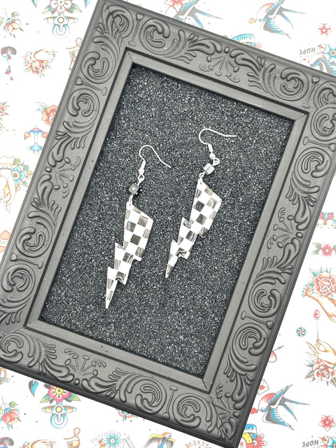 Vegas - Checkered Lightning Bolt Earrings with Mini Dice: Handmade Polymer Clay