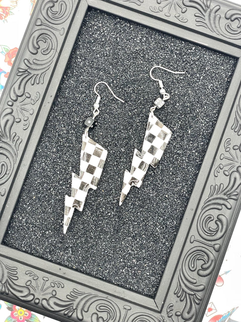 Vegas - Checkered Lightning Bolt Earrings with Mini Dice: Handmade Polymer Clay