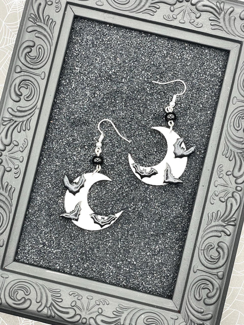 Salem - Moon & Bats Earrings: Handmade Polymer Clay