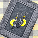 Salem - Black Cat Sitting on the Moon Earrings: Handmade Polymer Clay