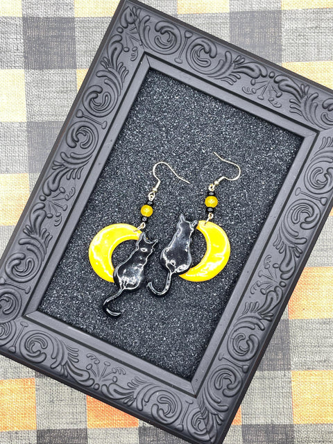 Salem - Black Cat Sitting on the Moon Earrings: Handmade Polymer Clay
