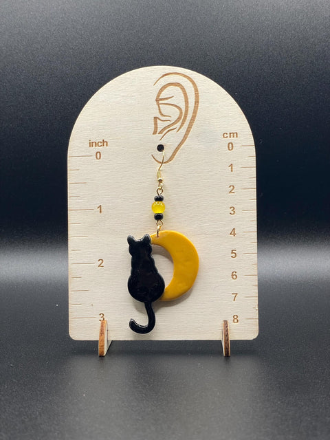 Salem - Black Cat Sitting on the Moon Earrings: Handmade Polymer Clay