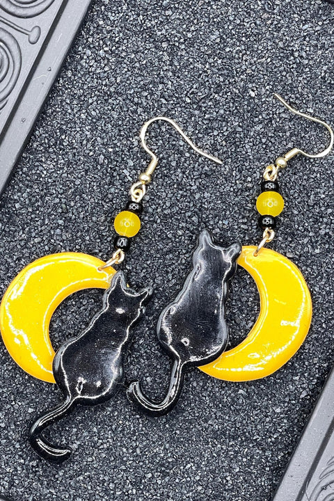 Salem - Black Cat Sitting on the Moon Earrings: Handmade Polymer Clay