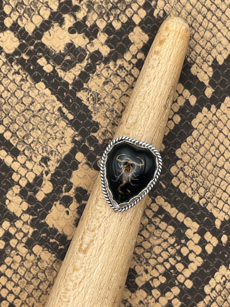 Warner - Golden Scorpion in Black Resin Heart Ring