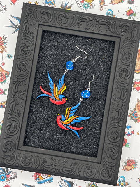 Tattoo - Swallow Earrings with Dice: Handmade, Hand-Painted Polymer Clay